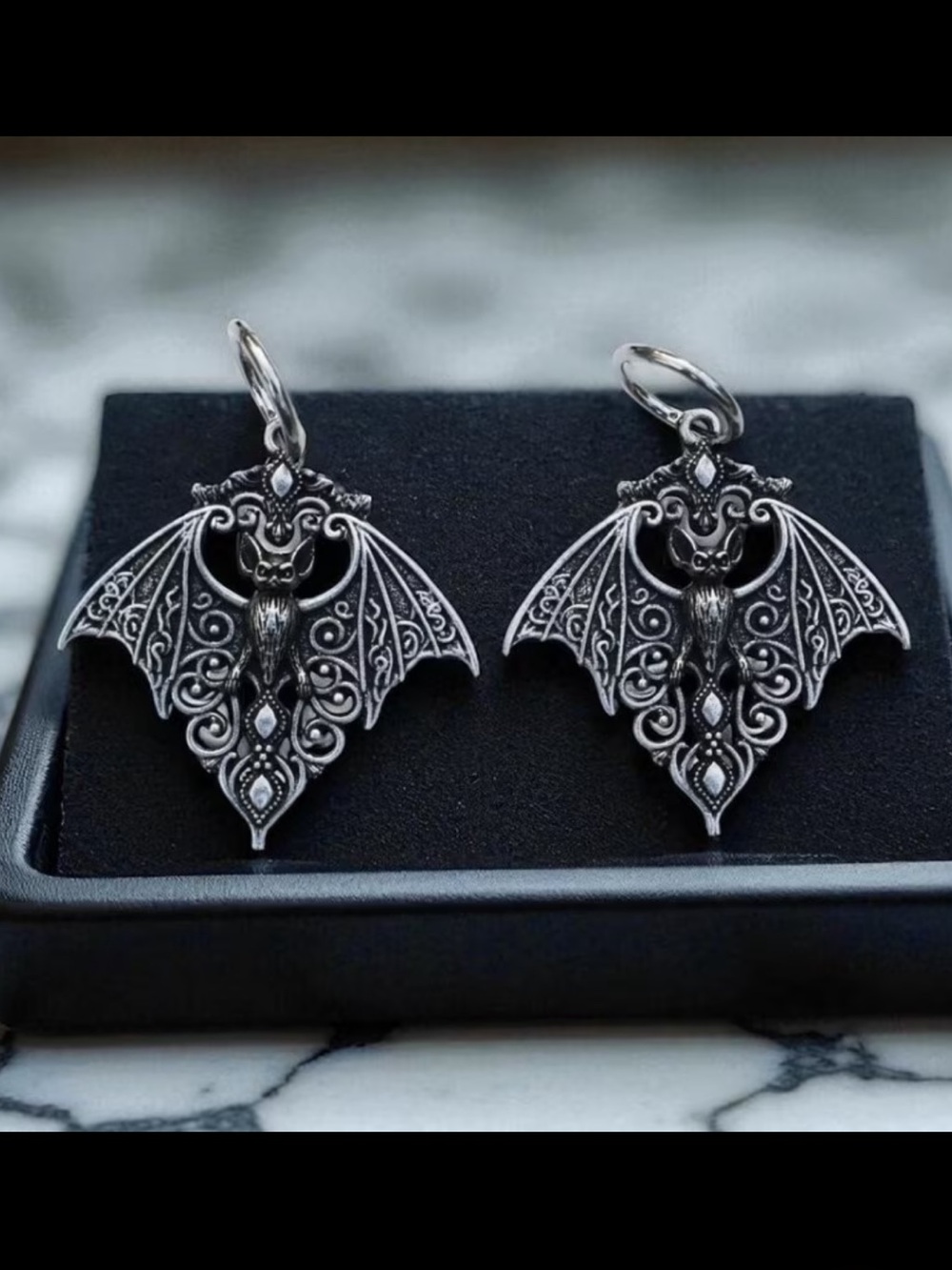 Gothic Silver Bat Filigree Drop Earrings for Women